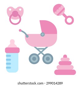 Cute cartoon newborn baby items in girly pink color: stroller, pacifier, milk bottle and toys. Baby shower design elements. Flat vector style.