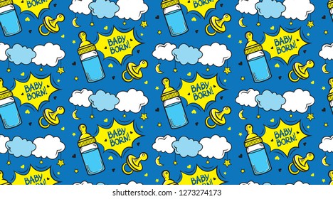Cute cartoon newborn seamless pattern with nipple and milk bottle on blue background. Vector illustration