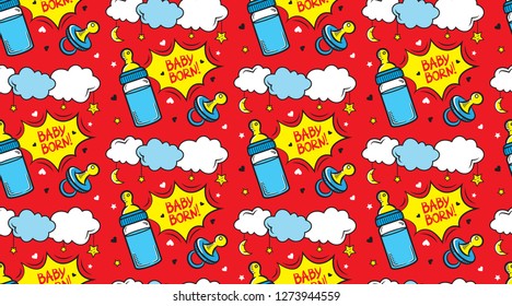 Cute cartoon newborn seamless pattern with nipple and milk bottle on red background. Vector illustration