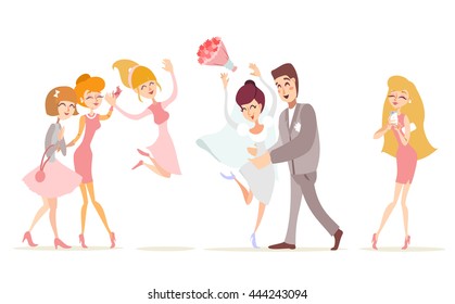 Cute cartoon newly wedded couple celebrating with friends.Bride throwing her bouquet.Vector illustration