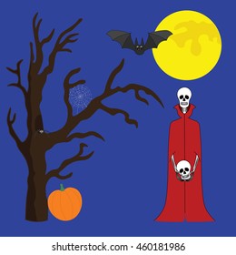 Cute cartoon night background with moon, tree and skeleton on Halloween.