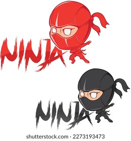 Cute cartoon ninja. Adorable vector black and red drawings in simple modern Japanese style.