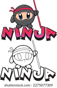 Cute cartoon ninja. Adorable vector black and red drawings in simple modern Japanese style.