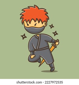 cute cartoon ninja bring sword vector illustration
