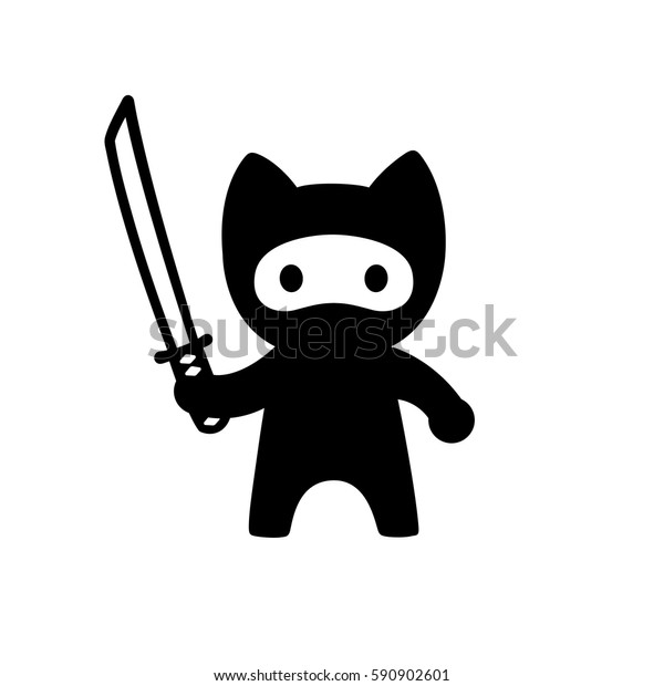 かわいい剣を持つ忍者猫 単純な最小和様のベクター白黒イラスト のベクター画像素材 ロイヤリティフリー 590902601