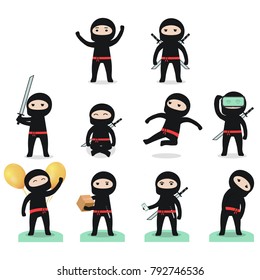 Cute cartoon ninja in different situations set with katana sword, different poses and items. Isolated vector clip art illustration. Vector illustration isolated on white background - stock vector