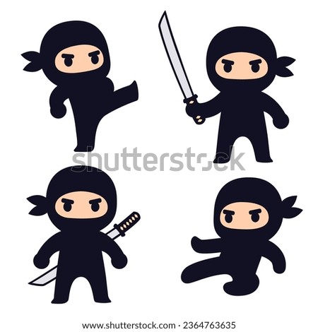 Cute cartoon ninja set with katana sword, different fighting poses. Isolated vector clip art illustration.