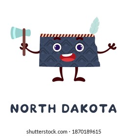 Cute cartoon North Dakota state character clipart. Illustrated map of state of North Dakota of USA with state name. Funny character design for kids game, sticker, cards, poster. Vector illustration