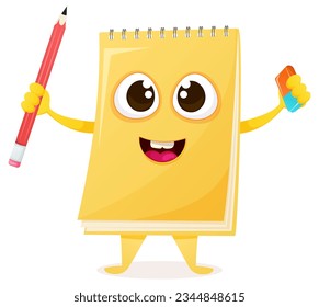 Personaje de cuaderno de dibujos animados con un lápiz y un borrador