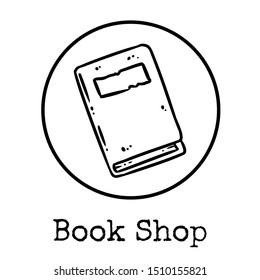 Cute cartoon notebook doodle image. Book shop logo. Media highlights graphic icon