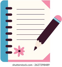 Cute cartoon notebook and pencil illustration with flower detail, perfect for school, journaling, note-taking, and kids-themed designs.