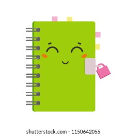 Cute cartoon notepad on a spiral in a green cover with bookmarks. Cute character. Simple flat vector illustration isolated on white background