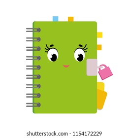 Cute cartoon notepad on a spiral in a green cover with bookmarks. Cute character. Simple flat vector illustration isolated on white background