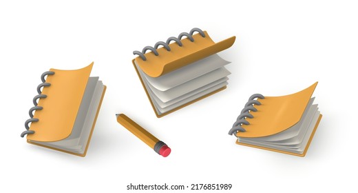 Cute cartoon notepad and pencil. Realistic 3d school object. Vector illustration.