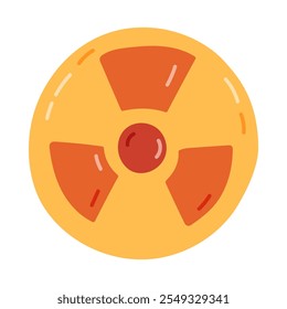 Cute cartoon nuclear radiation sign. Hand drawn radioactive hazard, warning symbol, toxic and danger label. Caution sign of nuclear radiation isolated on white background.