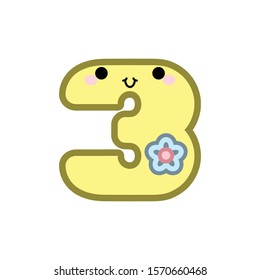Cute cartoon number 3 smiling face with eyes and mouth  isolated on white background. Vector illustration.