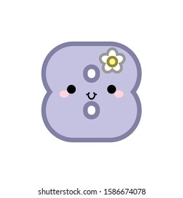 Cute cartoon number 8 smiling face with eyes and mouth  isolated on white background. Vector illustration.