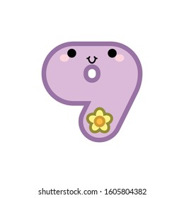 Cute cartoon number 9 smiling face with eyes and mouth  isolated on white background. Vector illustration.