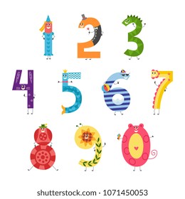 Cute cartoon number set for teaching children or birthday invitation - funny characters isolated on white background. Collection of comic mathematics elements, vector illustration.