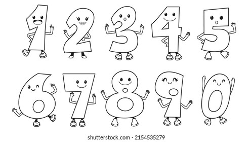 Cute cartoon numbers characters font from 1 to 0, outline design. Vector illustration
