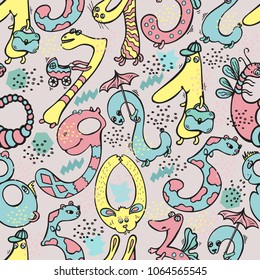 Cute cartoon numbers seamless pattern. Funny nursery design. Stylish childish vector illustration. Perfect for apparel, bedding, decorating and more.