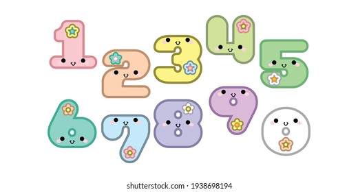 Cute cartoon numbers smiling face with eyes and mouth set  isolated on white background. Vector illustration.