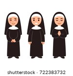 Cute cartoon nun drawing set, smiling and praying. Simple vector illustration.