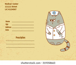 Cute cartoon nurse cat with injector. Vector prescription form. 