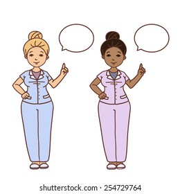 Cute cartoon nurse show and tell. Medical background. Vector illustration.