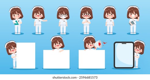 Cute cartoon Nurse with various gestures and poses. Element for medical information poster.