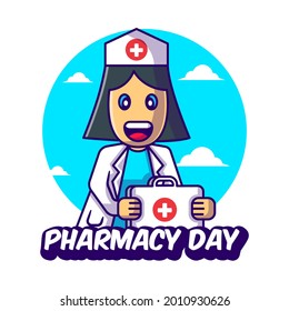Cute Cartoon Nurse Vector Illustrations with Aid Kit for Pharmacy Day