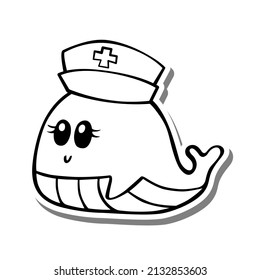 Cute cartoon Nurse Whale Monochrome. Doodle on white silhouette and gray shadow. Vector illustration about aquatic animals for any design.