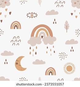 Patrón de guardería de dibujos animados. Impresión vectorial Boho para la decoración de paredes en el dormitorio de los niños. Ilustración vectorial para tarjeta, imprenta en ropa.