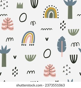 Cute cartoon nursery pattern. Boho vector print for wall decor in children's bedroom. Vector illustration for card, print on clothes.