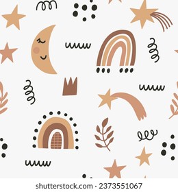 Cute cartoon nursery pattern. Boho vector print for wall decor in children's bedroom. Vector illustration for card, print on clothes.