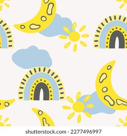 Patrón de guardería de dibujos animados. Impresión vectorial infantil para la decoración de paredes en el dormitorio para niños. Patrón sin foco con arco iris de dibujos animados, sol y nubes