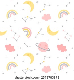 Cute cartoon nursery pattern. Cartoon vector print for wall decor in children's bedroom. Seamless pattern with cartoon rainbow cloud star planet.