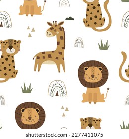 Huella infantil de dibujos animados. Impresión vectorial de safari para la decoración de la pared en la habitación de los niños. Caracteres de animales africanos mullidos - jirafa, león, leopardo - patrón sin fisuras