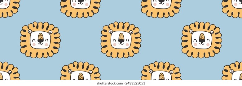 Cute cartoon nursery seamless pattern. Vector safari print. Cute African lion animal characters. Baby childish background for boys