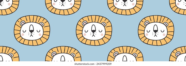 Cute cartoon nursery seamless pattern. Vector safari print. Cute African lion animal characters. Baby childish background for boys