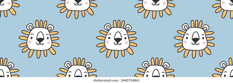 Cute cartoon nursery seamless pattern. Vector safari print. Cute African lion animal characters. Baby childish background for boys