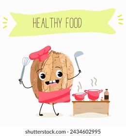 Cute  cartoon nut, walnut characters with different activities. Flat vector illustration, funny nuts. Organic food.