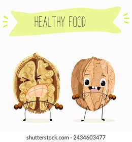 Cute  cartoon nut, walnut characters with different activities. Flat vector illustration, funny nuts. Organic food.