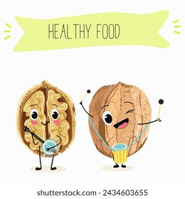 Lindo nuez de dibujos animados, personajes de nueces con diferentes actividades. Ilustración vectorial plana, tuercas divertidas. Comida orgánica.