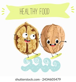 Cute  cartoon nut, walnut characters with different activities. Flat vector illustration, funny nuts. Organic food.
