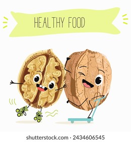 Cute  cartoon nut, walnut characters with different activities. Flat vector illustration, funny nuts. Organic food.