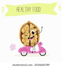 Cute  cartoon nut, walnut characters with different activities. Flat vector illustration, funny nuts. Organic food.