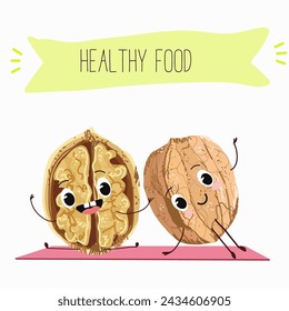 Cute  cartoon nut, walnut characters with different activities. Flat vector illustration, funny nuts. Organic food.