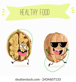 Lindo nuez de dibujos animados, personajes de nueces con diferentes actividades. Ilustración vectorial plana, tuercas divertidas. Comida orgánica.