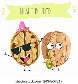 Cute  cartoon nut, walnut characters with different activities. Flat vector illustration, funny nuts. Organic food.